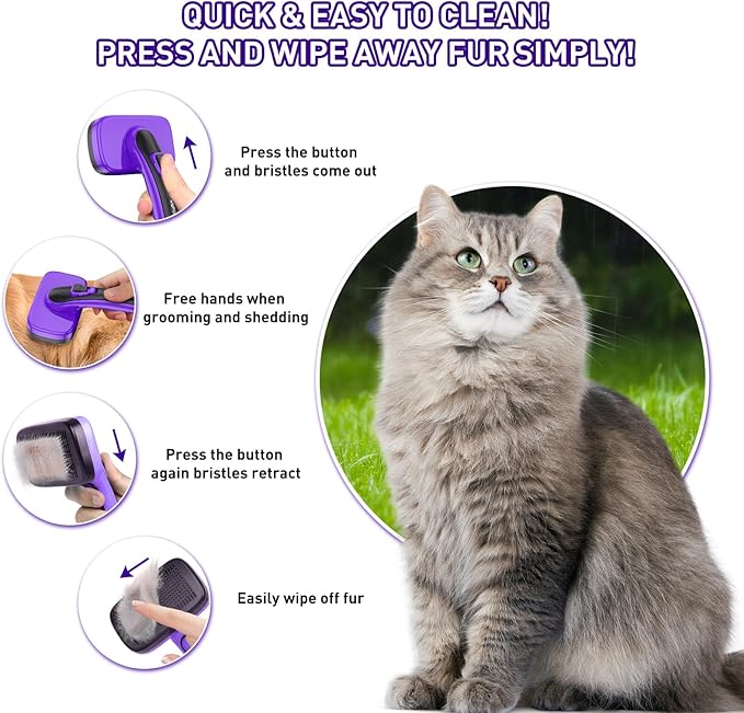 Dog Brush for Shedding, Self-Cleaning Slicker, 3 PCS Kit with Bath Brush & Flea Comb, Ideal for Short & Long Haired Pets, Removes Mats, Tangles, Fur, Gentle on Skin, for All Dogs. Purple