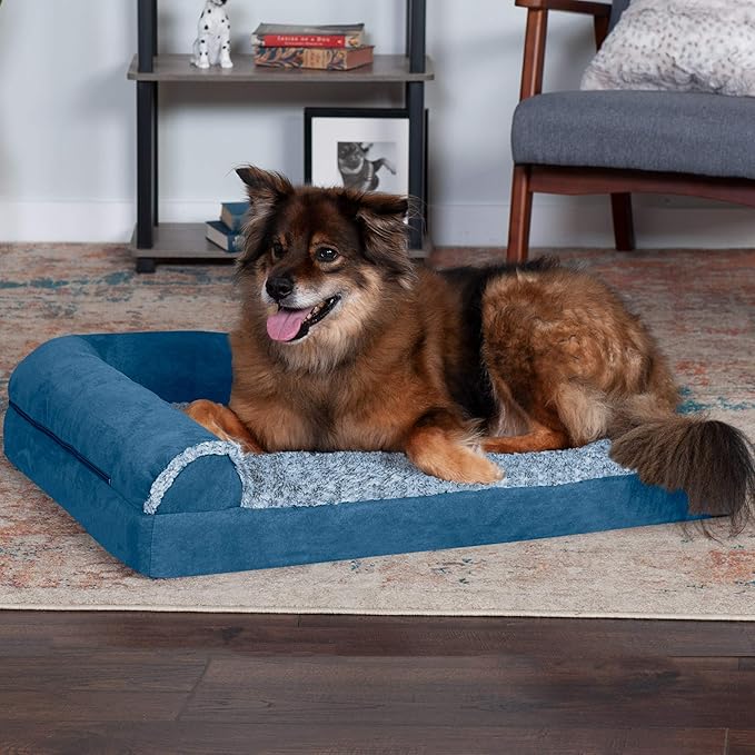 Furhaven Memory Foam Dog Bed for Large/Medium Dogs w/ Removable Bolsters & Washable Cover, For Dogs Up to 55 lbs - Two-Tone Plush Faux Fur & Suede L Shaped Chaise - Marine Blue, Large