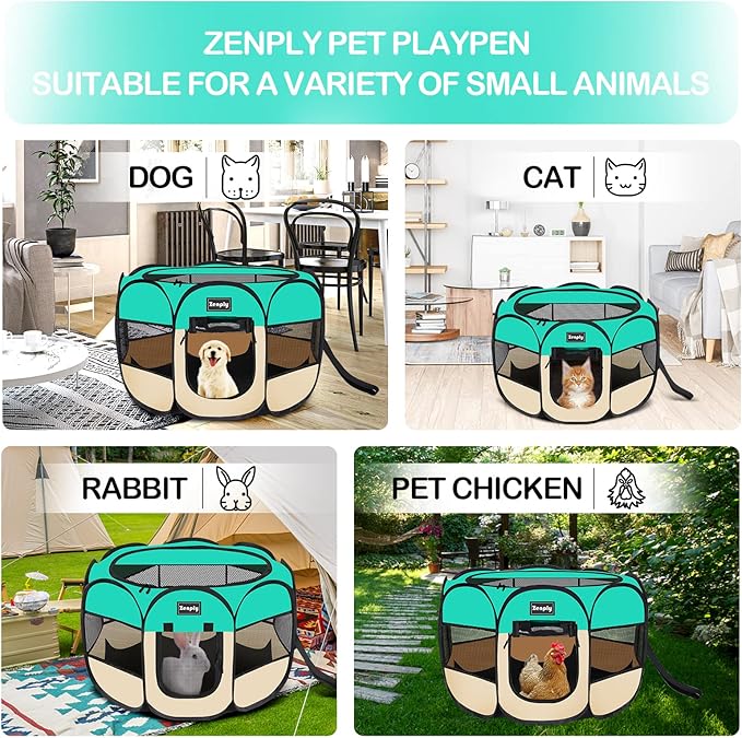 Portable Pet Dog Playpen, Pet Playpen Foldable Extra Heavy Duty Pop Up No Assembly Kennel Tent Crate Indoor Outdoor with Shade Ventilation Mesh for Small Dog, Kitten, Cat, Rabbit (Turquoise)