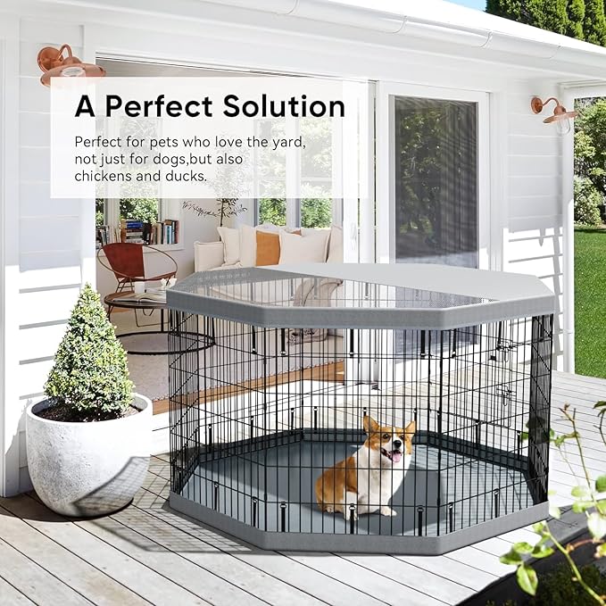 PJYuCien Puppy Playpen,8 Panels 36”H Dog Playpen with Gery Bottom Pad and Grey Top Cover,Metal Foldable Dog Exercise Pen for Indoor,Better for Small Pets,Grey
