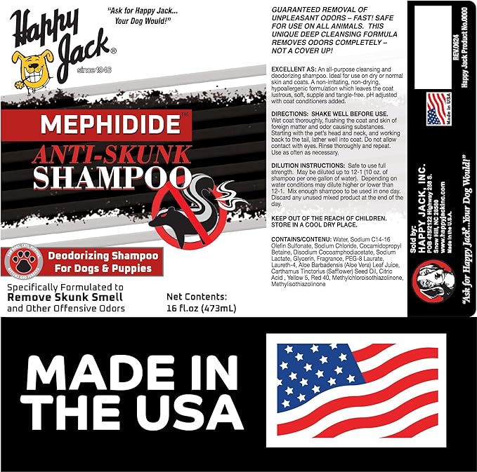 HAPPY JACK Mephidide Anti Skunk Shampoo for Dogs, Cats, Pets – Hypoallergenic Skunk Odor Remover for Dogs – Deodorizing Dog Shampoo (16oz)