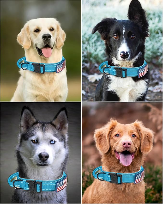 AUBELL Reflective Tactical Dog Collar with Handle, Heavy Duty Military Durable Thick Dog Collar with Metal Buckle Great for Medium Large Dogs, with Airtag Case and 2 Patches(Blue, XL)