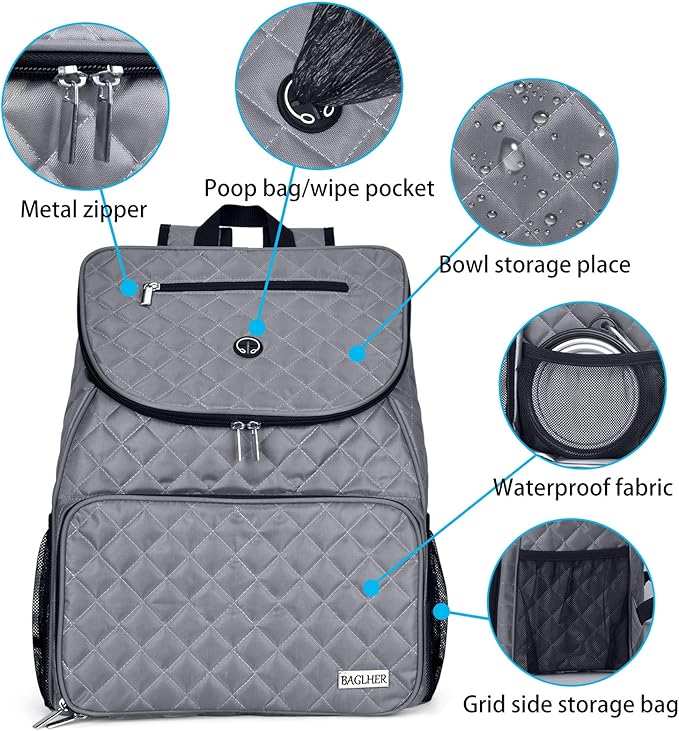BAGLHER Dog Travel Bag,Airline Approved Pet Supplies Backpack, Dog Travel Backpack with 2 Silicone Collapsible Bowls and 2 Food Baskets.
