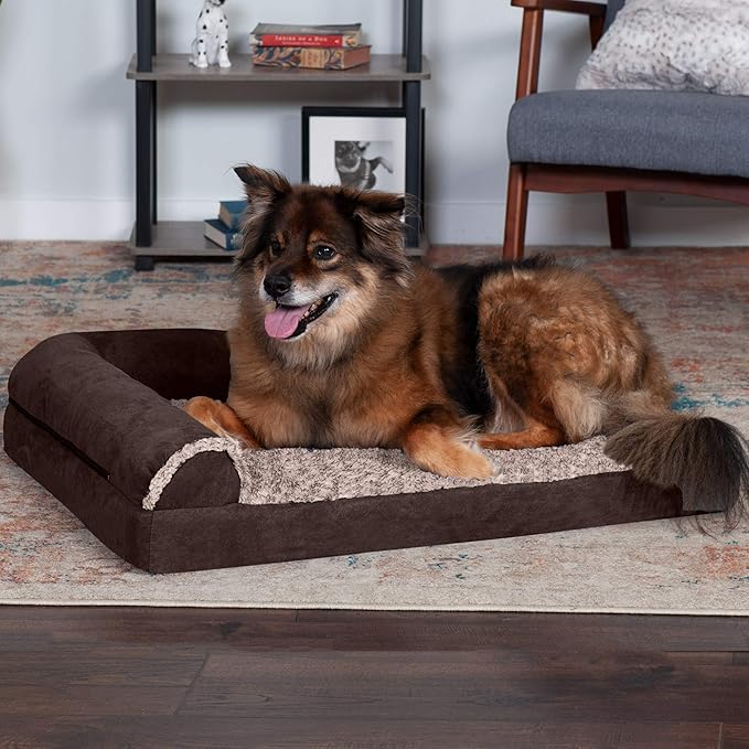 Furhaven Memory Foam Dog Bed for Large/Medium Dogs w/ Removable Bolsters & Washable Cover, For Dogs Up to 55 lbs - Two-Tone Plush Faux Fur & Suede L Shaped Chaise - Espresso, Large