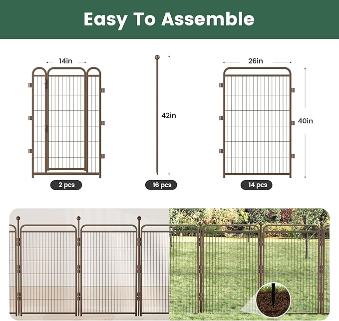 Gardner Pet Dog Playpens, 40" H 16 Panels Dog Pen Outdoor/Indoor Dog Fence Exercise Pen for Small/Medium/Large Dogs, Foldable Pet Play Yard Gate with Gravity Automatic Lock, Pet Playpen, Brown