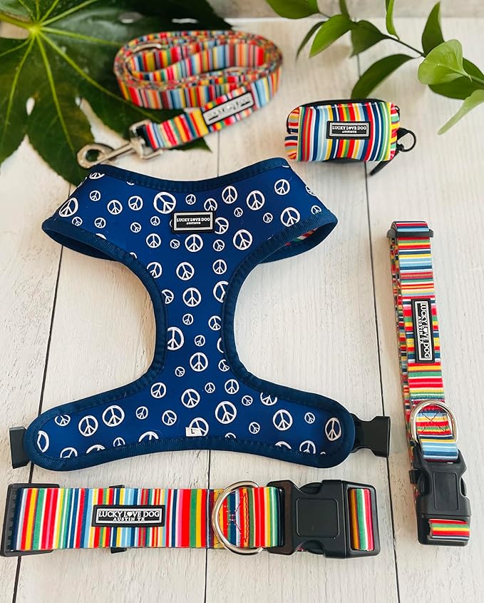 Lucky Love Dog Combo Set, Rainbow Big Dog Collar & Leash Set for Large Dogs, Colorful Matching Collar and Leash Set for Girl or Boy Dogs, Rainbow Stripes, Hippie Combo, Large