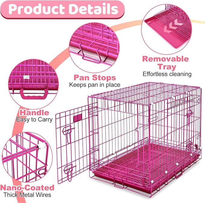 Homey Pet Large Dog Cage, Collapsible Dog Crates for Medium Dogs, Nano-Coating Metal Wire XL Big Dog Kennel Indoor with Removable Floor Grid and Tray, Double Doors, GOLD42+PINK30 Bundle