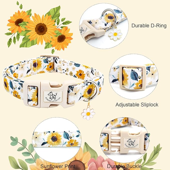 Elegant little tail Dog Collar, Sunflower Pattern Pet Collar Cute Durable Spring Female or Male Adjustable Cotton Pet Collar with Quick Release Buckle for Large Dogs