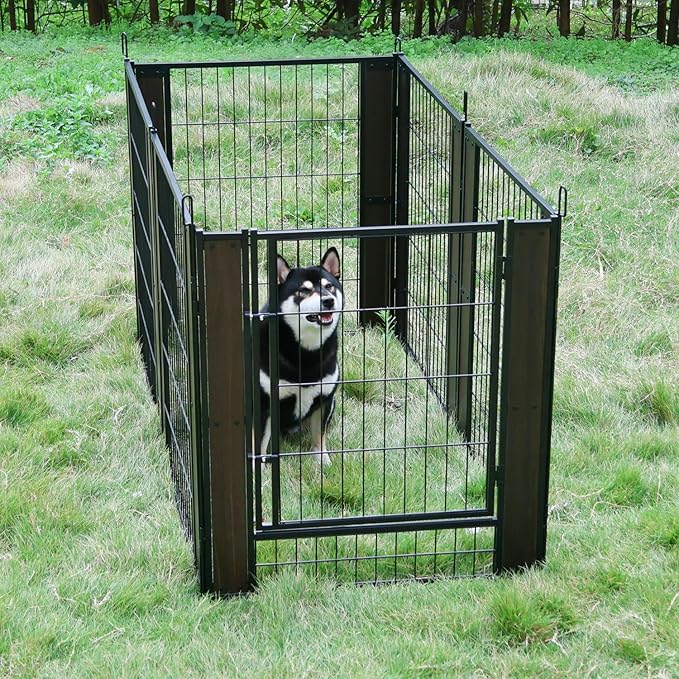 Heavy Duty Dog Playpen - 32 Inch Height, Black Walnut, Variable Shape, Indoor/Outdoor, Foldable, Suitable for Medium, Small, Large Dogs