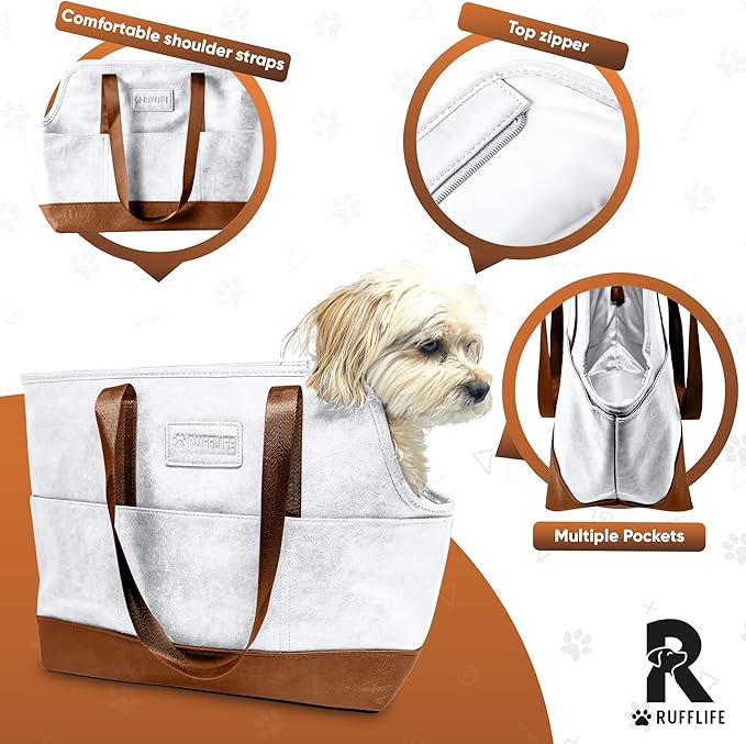 Luxury Dog Purse Carrier for Small Dogs, Faux Leather Pet Carrier Purse, Secure Harness Clip, Dog Tote Bag Carrier for Small Dogs and Puppies - White