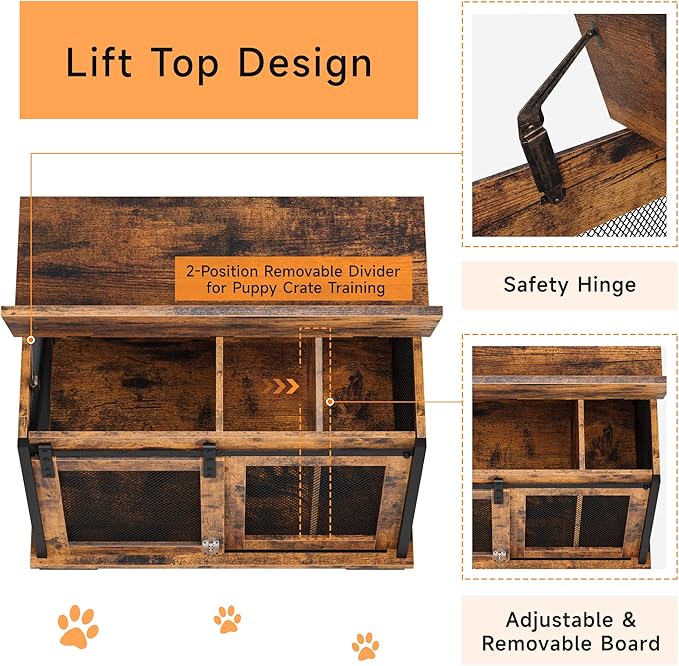 GAOMON Sliding Doors Dog Crate Furniture,Indoor Wooden Dog Crate Furniture with End Table and Flip-top Plate,Detachable Divider for Dog Kennel,Dog House, Rustic Brown