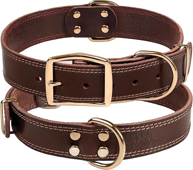 ADITYNA Heavy Duty Leather Dog Collar - Soft and Strong Leather Dog Collar for All Dog Breeds (Large: Fit 17" - 23" Neck, Brown - Gold Colored Buckle)