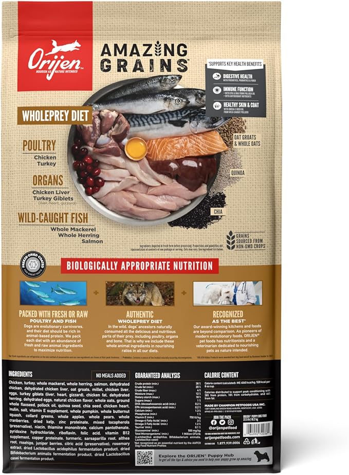 ORIJEN Amazing Grains Puppy Dry Dog Food, High Protein Dog Food for Puppies, Fresh or Raw Ingredients, 22.5lb