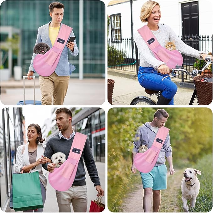 CUBY Dog and Cat Sling Carrier, Hands Free Reversible Pet Papoose Bag, Soft Pouch Adjustable, Suitable for Puppy Cats for Outdoor Travel (Pink Mesh, one Size mesh)