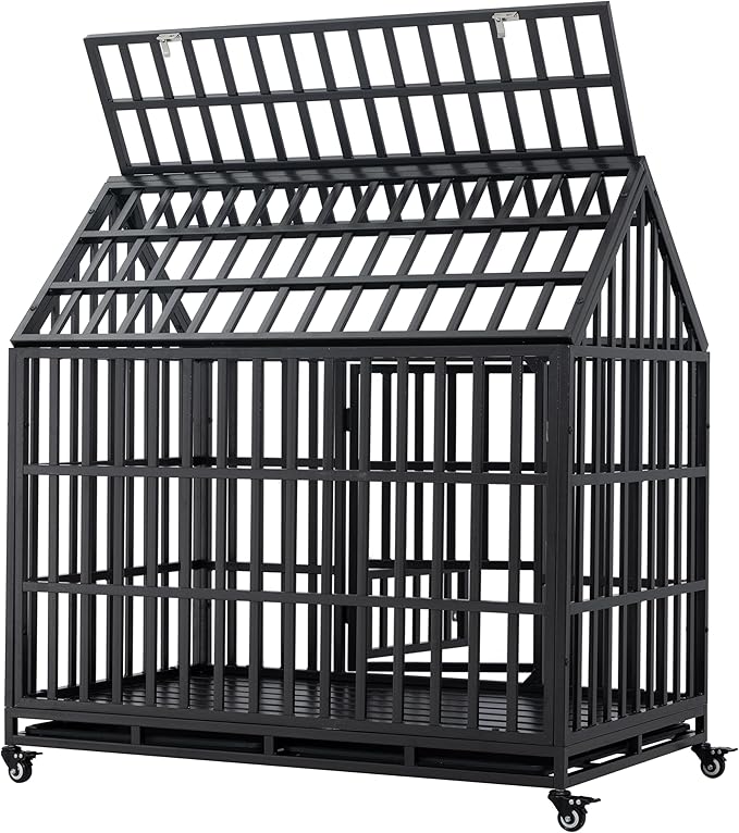 48inch Metal Heavy Duty Dog Cage with Door and Roof Doors of 2 Patent Latches,Pet Crate Doggy Kennel,w/ 2 Plastic Pans & 4 Lockable Caster Wheels,for Large or Medium Size Pets,Black