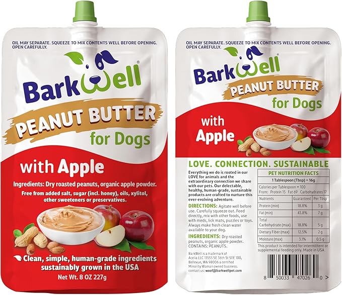 Peanut Butter Squeeze - 8oz Pouch All-Natural Dog Peanut Butter with Apple, Sourced and Made in The USA Dog Treat