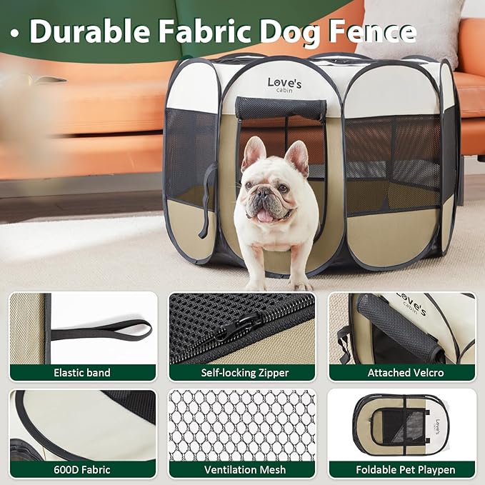 Love's cabin Pet Puppy Dog Playpen, Medium Dog Tent Crates Cage Indoor/Outdoor, Portable Playpen for Cat, Foldable Pop Up Dog Kennel Playpen with Carring Case, Removable Zipper Top, Khaki