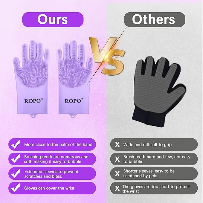 ROPO silicone gloves for pet grooming, multi-functional gloves for pet hair shedding, bathing, and massage (Purple)
