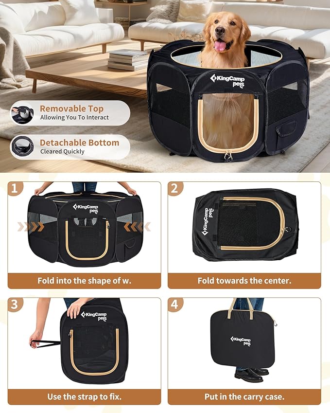 KingCamp Dog Playpen, Portable Foldable Cat Kitten Puppy Tent Crates 29"/36"/50" Pop Up Pet Playpen with Zippered Bottom & Cover for Indoor Outdoor Use (X-Large, Black)
