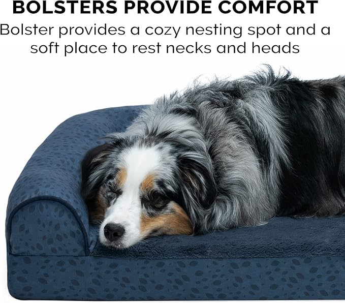Furhaven Memory Foam Dog Bed for Large/Medium Dogs w/ Removable Bolsters & Washable Cover, For Dogs Up to 55 lbs - Plush & Almond Print L Shaped Chaise - Blue Almonds, Large