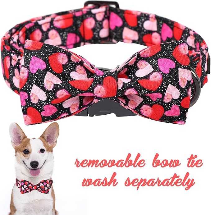Unique Style Paws Valentine's Day Dog Collar with Bow Colorful Heart Love Dog Collars for Small Medium Large Dog New (L, Black Bow)
