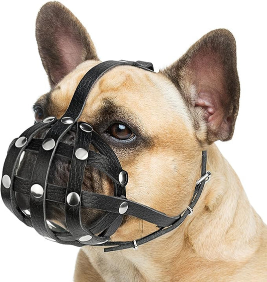 Soft Leather French Bulldog Muzzle – Frenchie Muzzle for Biting and Grooming – Short Snout Dog Muzzle for Small Brachycephalic Breed Dogs: Pug, Shih Tzu, Bulldogs, Boston Terrier (M Size)
