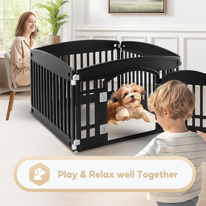 Simple Deluxe Plastic Dog Playpen, 24" Exercise 4-Panel Pet Playpen with Door, Safe and Secure, Folding and Portable Puppy Playpen for Puppies and Small Dogs, Black