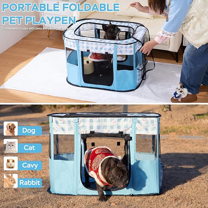 Portable Pet Playpen Cat Cages Indoor, 35.4" L x 27.6" W x 23.6" H Collapsible Dog Crates Made of 600D Oxford Material Tent Kennel Playpen for Dogs Cat and Rabbit Travel Dog Playpen Indoor (L, Blue)