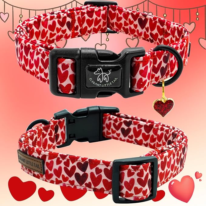 Elegant little tail Valentine's Day Dog Collar-Cute Red Heart Dog Collar for Small Dogs, Female or Male Adjustable Cotton Pet Collar with Quick Release Buckle for Small Medium Large Dogs