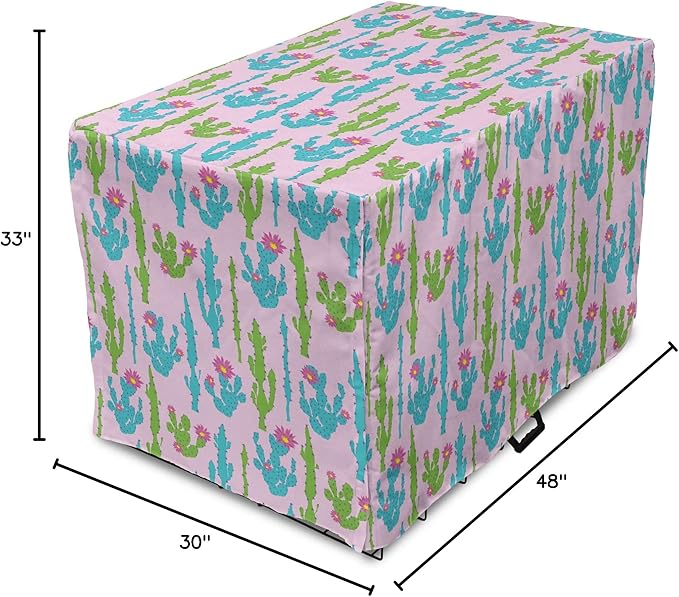 Lunarable Succulent Dog Crate Cover, Pastel Cactus Plants Flowering Desert Botany Foliage in, Easy to Use Pet Kennel Cover for Medium Large Dogs, 48 Inch, Pale Pink Sky Blue Green