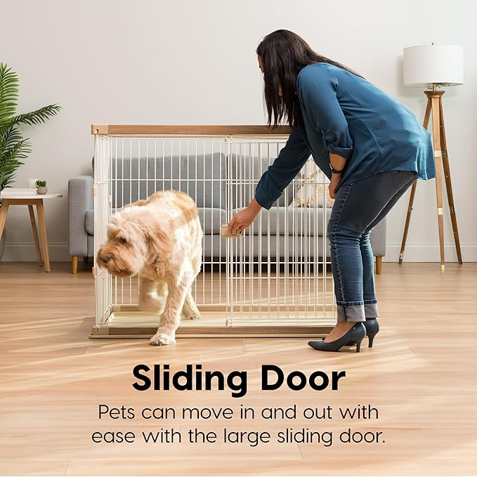 USA Medium Dog Crate, Dog Kennel Indoor with Sliding Door & Bottom Tray, Dog Cage, Wire Pet Pen with Bottom Tray, Stylish Wood-Like Trim, Light Brown