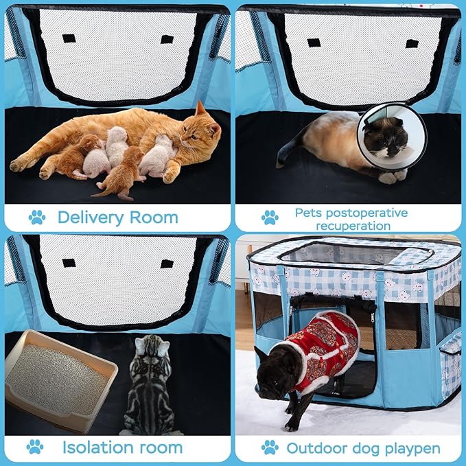 Portable Pet Playpen Cat Cages Indoor, 35.4" L x 27.6" W x 23.6" H Collapsible Dog Crates Made of 600D Oxford Material Tent Kennel Playpen for Dogs Cat and Rabbit Travel Dog Playpen Indoor (L, Blue)