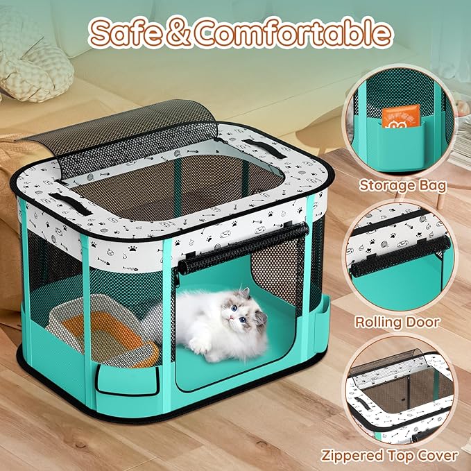 Portable Cat Playpen, 8-Rod Reinforced Kitten Dog Playpens, Foldable Play Pen for Indoor Cats Enclosed Pet Puppy Doggy Outdoor, Collapsible Tent Kennel Cage House(32"x24"x22")