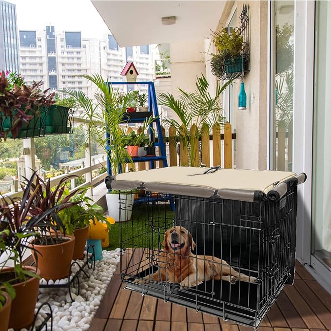 42 Inch Dog Crate Cover Dog Kennel Cover, Large XL Dog Crate for Large Dogs Wire Dog Cage with1 2 3 Doors, Waterproof 600D Oxford Fabric Indoor/Outdoor Khaki