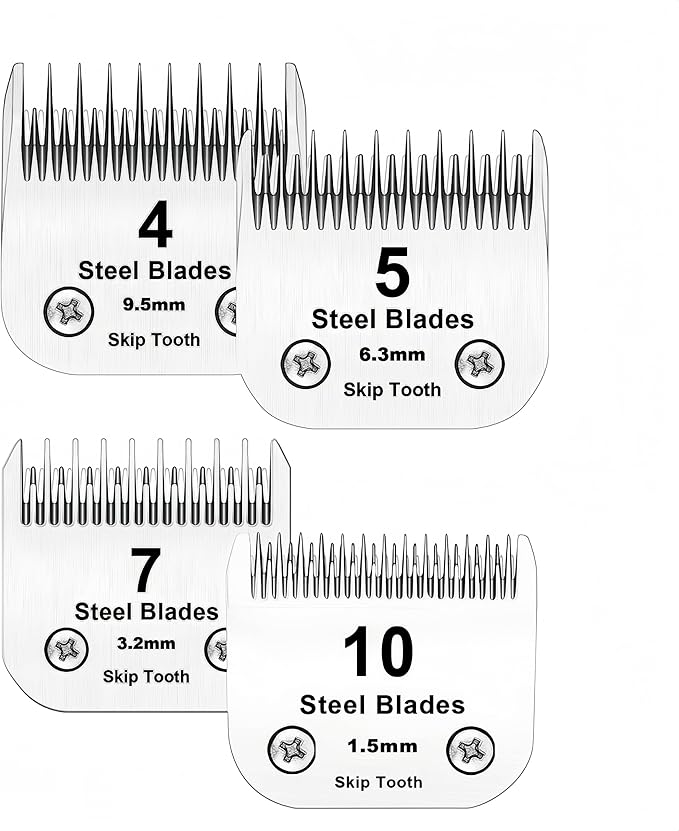 10+7+5+4 Skip Tooth Blades,Detachable Pet Dog Grooming Steel Blade Compatible with Oster A5,Wahl KM10 Series Clippers,Cut Length 1/8-Inch (3.2mm),4 Pack