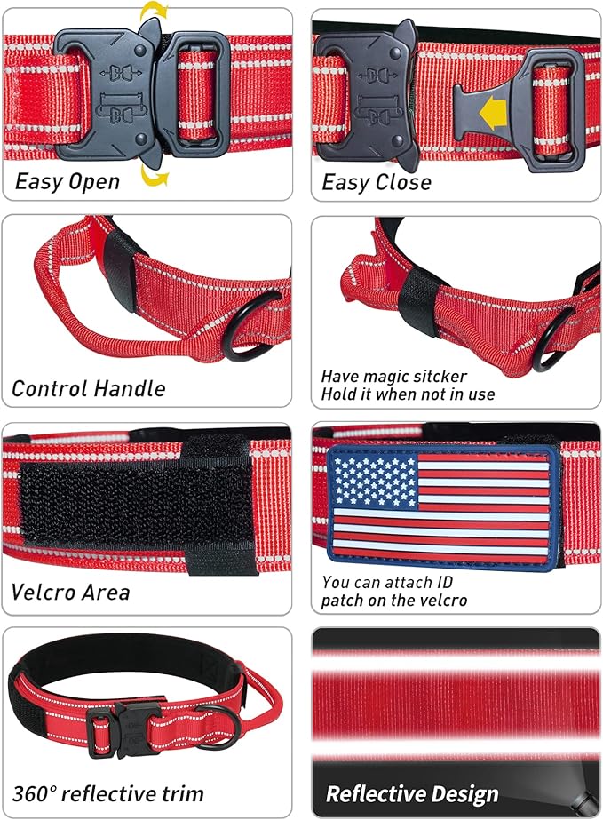 AUBELL Reflective Dog Collar, Tactical Dog Collar Military Dog Collar Adjustable Nylon Dog Collar with Handle and Heavy Metal Buckle Great for German Shepherd, with Airtag Case and Patches(Red, L)