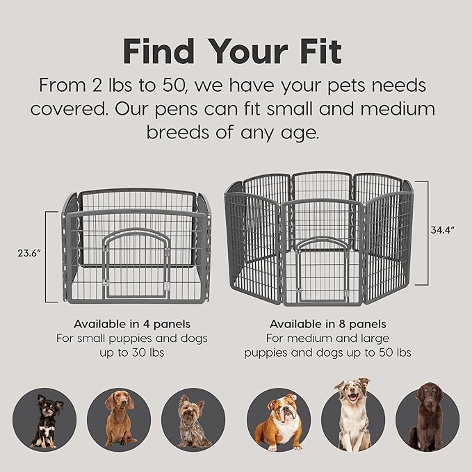 IRIS USA Dog Playpen, 8-Panel 34" Pet Playpen with Door, Puppy Playpen, Indoor/Outdoor Dog Pen, 63 x 63 x 34, Foldable, Customizable, Dark Gray