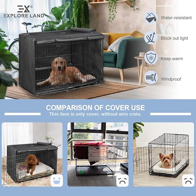 Explore Land Dog Crate Cover for 36 Inches Wire Cage, Heavy-Duty Lattice Pet Kennel Enclosure Compatible with 1 2 3 Doors Standard Metal Cage (Black)