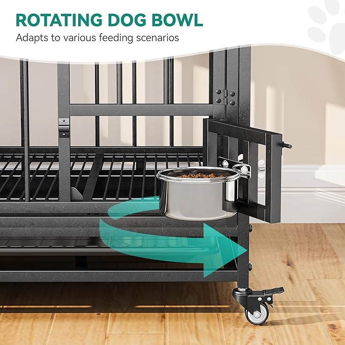 YITAHOME 37.5'' Heavy Duty Dog Crate with Removable Divider, Double Doors & Locks Design, Furniture Style Large Dog Crate with 360° Rotatable Dog Bowls & 360° Wheels & 2 Trays for Small/Medium Dog