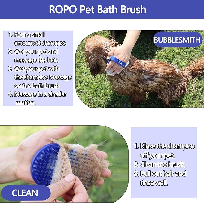 Dog bath brush, ROPO rubber massage dog shampoo brush, used for pet grooming, removing shedding fur, combing tangles and dead fur, suitable for pet dogs and cats (blue)