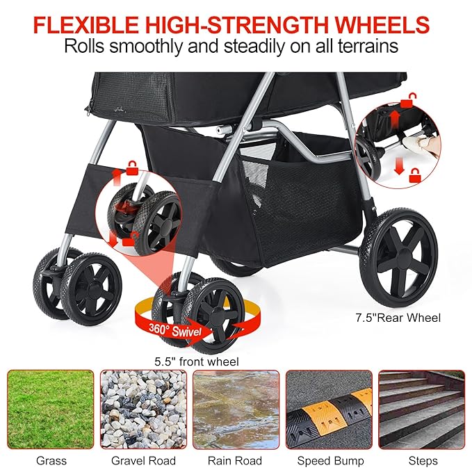 Pet Stroller for Medium Small Dogs and Cats, Folding Puppy Stroller Dog Cat Cage Jogger Stroller with Cup Holder and Storage Basket, 4 Wheels, Black