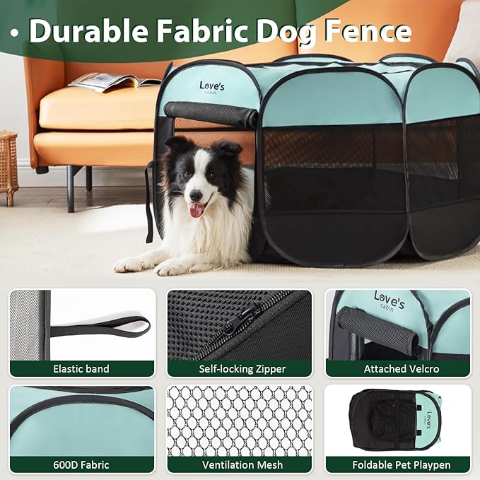 Love's cabin Pet Puppy Dog Playpen, Large Dog Tent Crates Cage Indoor/Outdoor, Portable Playpen for Cat, Foldable Pop Up Dog Kennel Playpen with Carring Case, Removable Zipper Top, Green