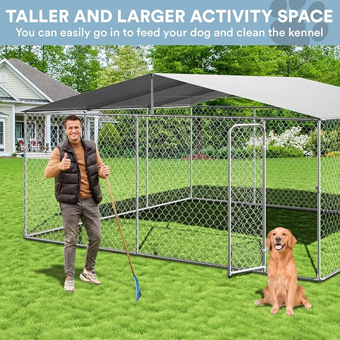 Rovibek 15'×15' Extra Large Outdoor Dog Kennel Dog Run Fence, Outside Dog Kennel with Roof, Heavy Duty Dog Playpen with Waterproof Sun-Proof Cover for Large Dogs