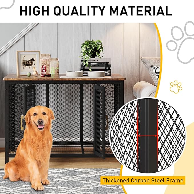 48 Inch Flip Top Dog Crate Furniture, Large Dog Kennel with 2 Doors, Latches, Heavy Duty Metal Dog Cage End Table, Farmhouse Dog Furniture for Large Medium Small Dogs, Brown