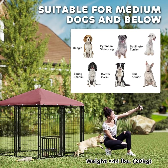 PawHut 4.6' x 4.6' x 5' Outdoor Dog Kennel, Welded Wire Heavy Duty Dog Run with 360° Rotating & 4 Level Adjustable Bowls, Dog Kennel Outside with Waterproof & UV Resistant Cover, for S&M Dogs