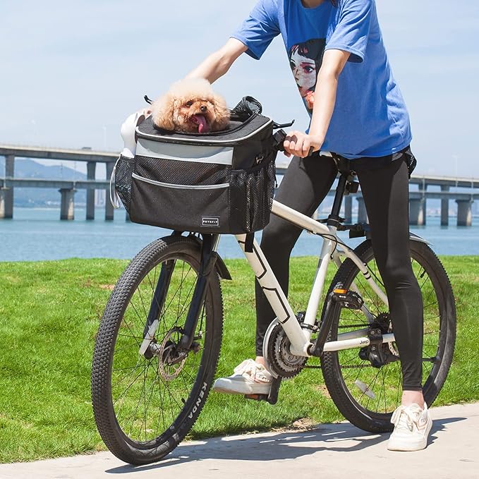 Petsfit Dog Bike Basket, Small Dog Car Seat with Front Pocket, Puppy Car Seat for Small Dogs and Pets (Black)