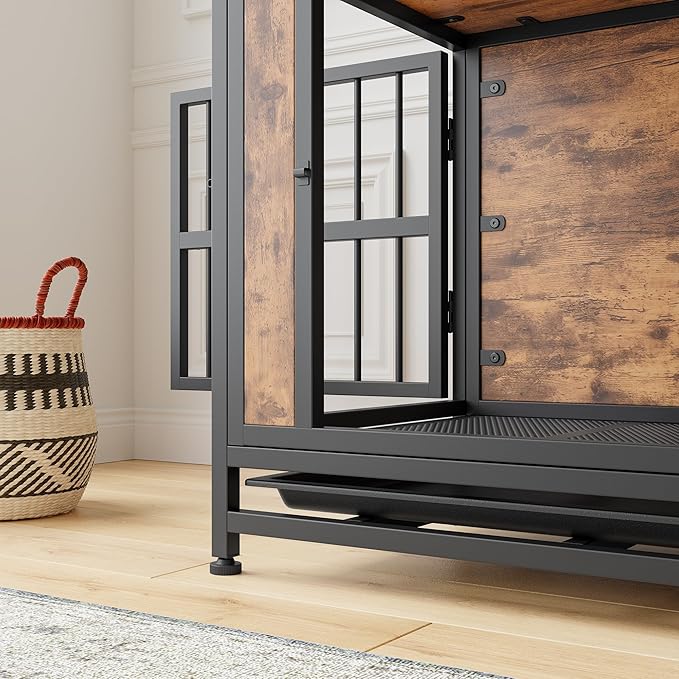 Ball & Cast 27.48" Wooden Dog Kennel with 2 Sliding Doors,Decorative Pet Crate Furniture with Pull-Out Tray,Thick Iron Frame Indoor Dog Cage for Small Dogs,Easy Assembly,Rustic Brown