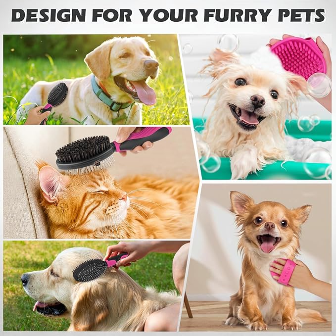 2PCS Dog Grooming Tools - Double-Sided Bath Brush for Shedding and Bathing, Suitable for Short/Long Haired Dogs, Premium Pet Supplies (Black Pink)