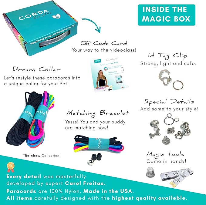 CORDA Crafts - Paracord Kit - Complete Accessories for Making Necklace Dog and Owner Matching Bracelet - Easy Video Tutorial - Waterproof Pet ID Tag Clip Included - X-Large Dog, Rainbow