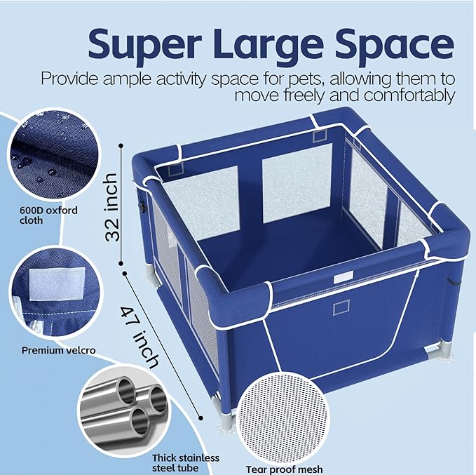 Puppy PlayPen 47x47x32 Inch, Dog Playpen with Gate for Puppies, Small and Medium Dogs, Pet PlayPen for Outdoors & Indoors, Tear Resistant Fabric